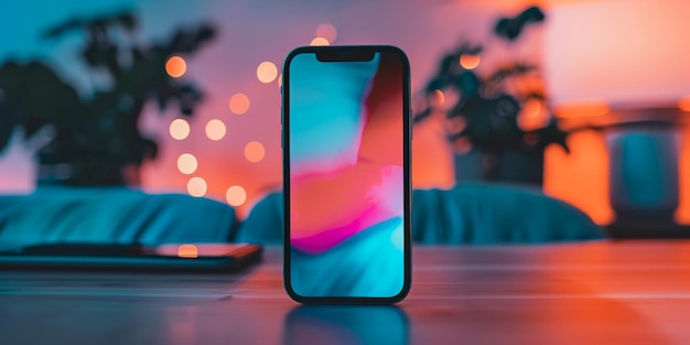 Smartphone moderno en el escritorio con iluminación ambient Bokeh