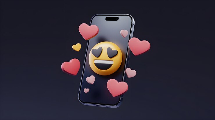Foto smartphone moderno exibindo emoji de olhos de coração cercado por ícones de coração flutuantes em fundo escuro estilo de renderização 3d limpo com sombras suaves e reflexos gerados por ia