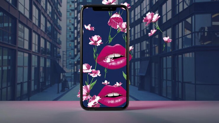 Foto smartphone moderno exibindo um papel de parede vibrante com lábios vermelhos e flores cor-de-rosa posicionados em uma superfície com um fundo borrado da rua da cidade criando um visual elegante e contemporâneo