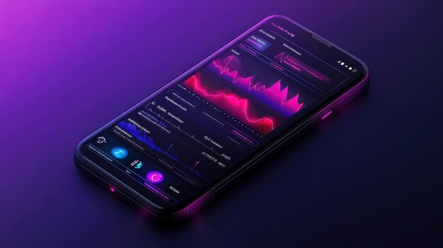 Smartphone moderno con gráficos coloridos y imágenes de datos