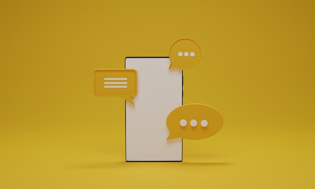 Smartphone móvel e bolhas de bate-papo em fundo amarelo. Mockup mínimo para mídias sociais, mensagens ou SMS. Ilustração de renderização 3D.