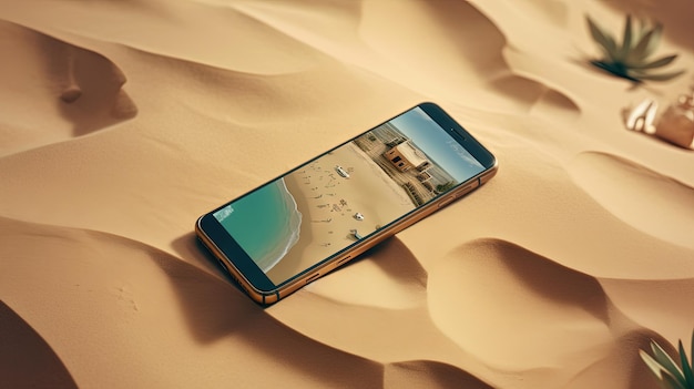 Smartphone na areia da praia Cena de férias com telefone na linha de costa Generative AI