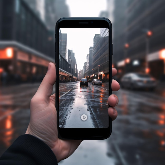 Smartphone na mão no fundo da rua e da cidade