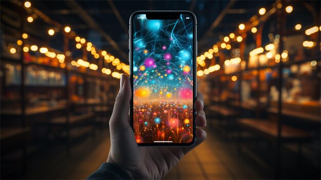 Smartphone nas mãos de um homem no fundo da cidade noturna