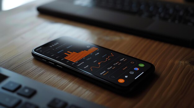 Smartphone negro con una aplicación de fitness en la pantalla se encuentra en una mesa de madera La aplicación muestra un gráfico de la frecuencia cardíaca de los usuarios a lo largo del tiempo