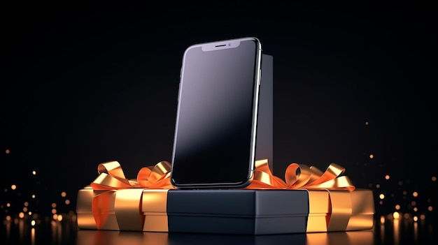 Smartphone negro con bola de Navidad y cajas de regalos