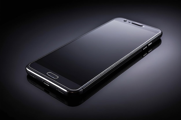 Smartphone negro sobre el fondo de vidrio negro con reflejos frescos en el estudio