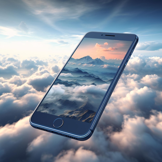 Smartphone no fundo de nuvens e céu renderização 3D