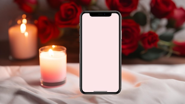 smartphone no qual um banner de maquete de tela branca com um fundo românticoGenerative AI