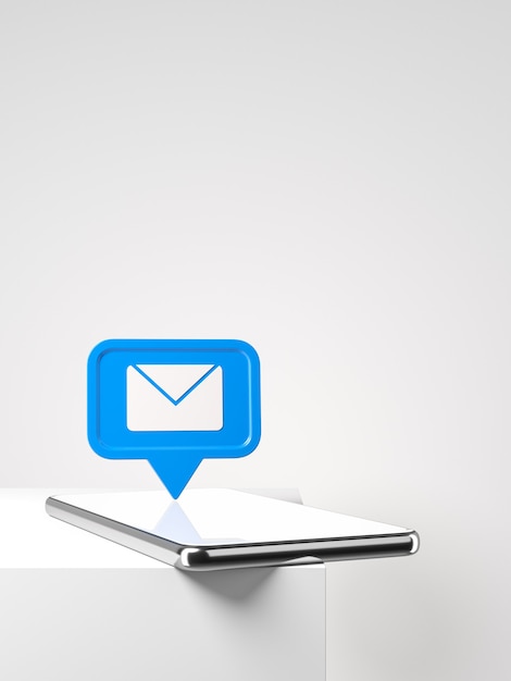Smartphone con notificación de mensaje o correo nuevo azul en la mesa blanca Concepto de red social