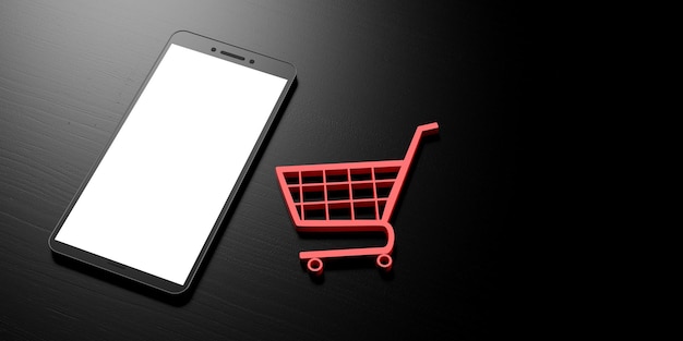 Smartphone-Online-Shopping Smartphone mit leerem weißen Bildschirm und einem Einkaufswagen auf schwarzem Hintergrund Banner kopieren Raum 3D-Darstellung