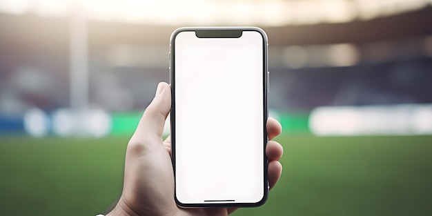 Smartphone con pantalla blanca vacía en la mano masculina en el fondo borroso del campo deportivo Concepto de Sportsbet