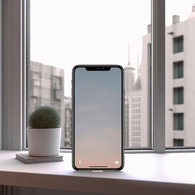 Smartphone con pantalla en blanco en el alféizar de la ventana renderización 3D