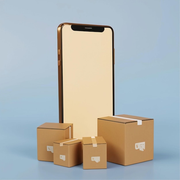Smartphone con pantalla en blanco y cajas de cartón con espacio de copia en fondo amarillo Cyber lunes