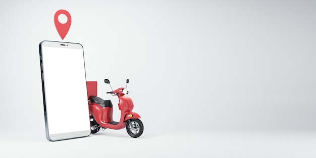 Smartphone con una pantalla en blanco y marcador de ubicación emparejado con un scooter rojo para el concepto de servicio de entrega Rendering 3D
