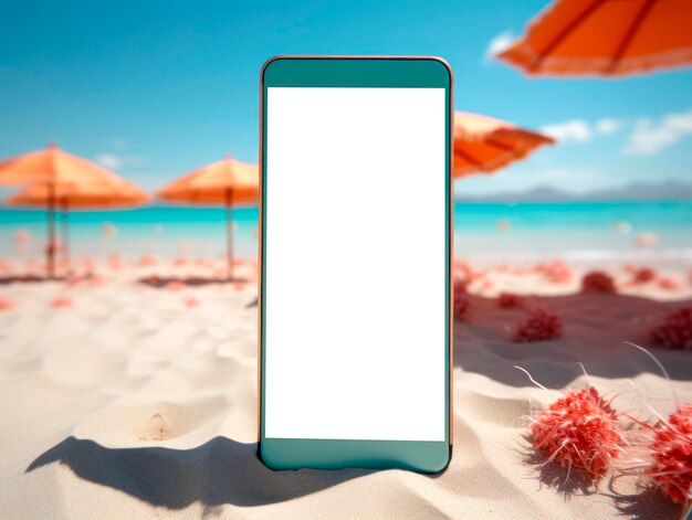 Smartphone con pantalla en blanco en una playa de arena con sombrillas Maqueta de IA generativa