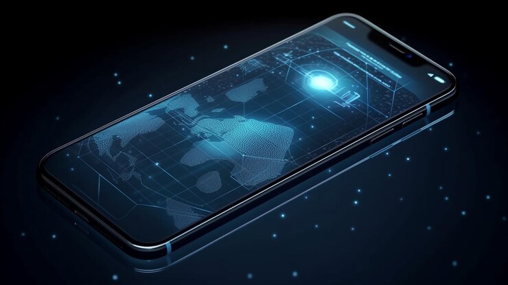 Smartphone con pantalla holográfica azul generativa ai