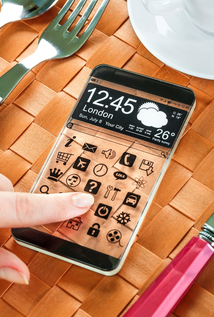 Foto smartphone (phablet) con pantalla transparente. concepto de ideas innovadoras futuras reales y las mejores tecnologías de la humanidad.