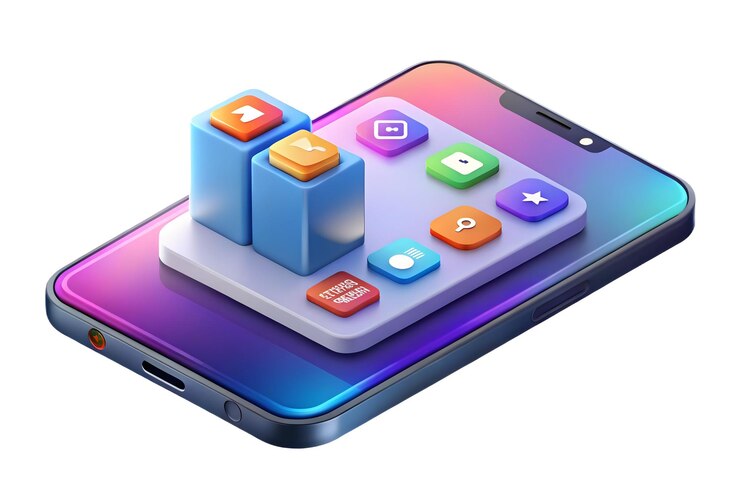 Foto smartphone plano con íconos de aplicaciones holográficas flotando por encima del espacio de copia por debajo del concepto como un ángulo alto s
