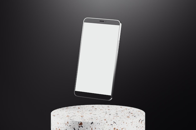 Smartphone-Präsentationsmockup mit leerem Bildschirm auf einer Terrazzo-Basis, das in der Luft auf einem modernen dunklen Hintergrund schwebt, sauberes und minimales 3D-Rendering