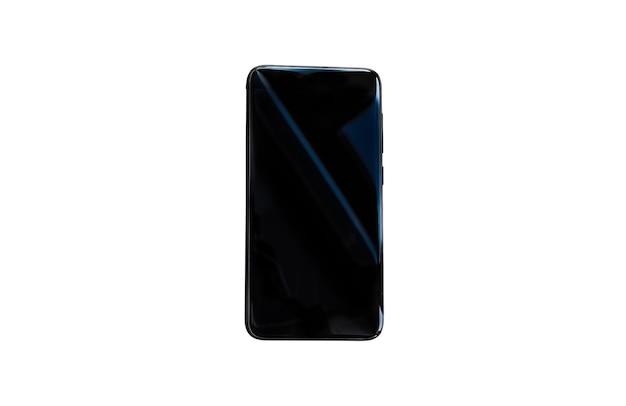 Smartphone preto isolado em fundo branco. É hora de conseguir um empréstimo para comprar eletrônicos.