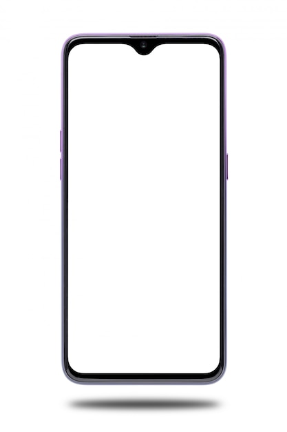 Foto smartphone púrpura con pantalla en blanco, pantalla táctil moderna aislada en el espacio en blanco.
