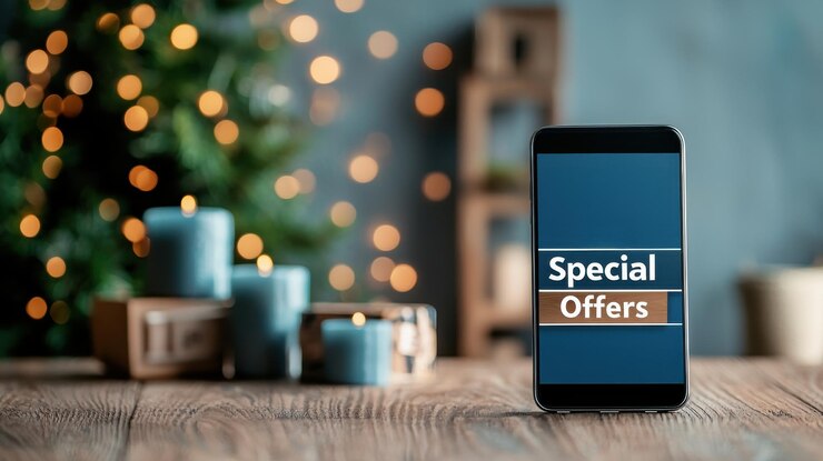 Smartphone que muestra banner de ofertas especiales con fondo festivo perfecto para ventas y promociones en línea durante la temporada de vacaciones Capturar la emoción de las compras