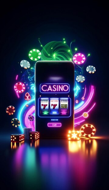 Smartphone que muestra el casino en línea con luces de neón