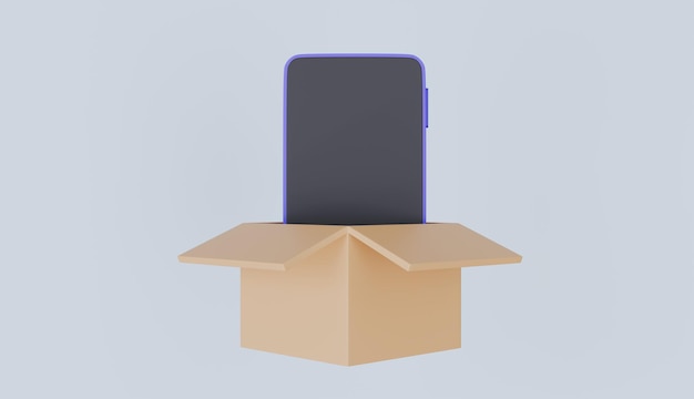 Smartphone que sale de una gran caja de cartón concepto de negocio de entrega de compras en línea