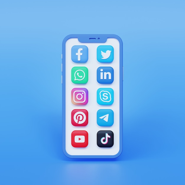 Smartphone realista 3D con icono de redes sociales. Fondo azul