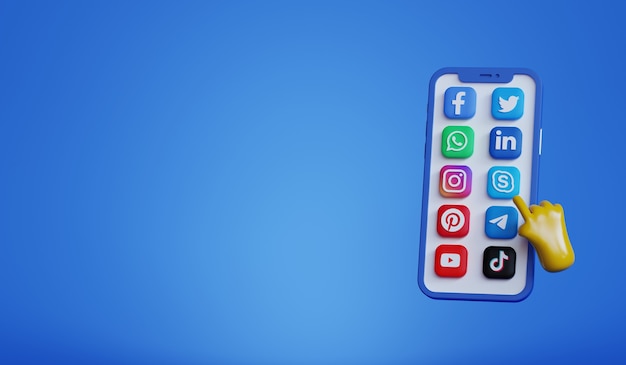 Smartphone realista 3D con icono de redes sociales. Fondo azul