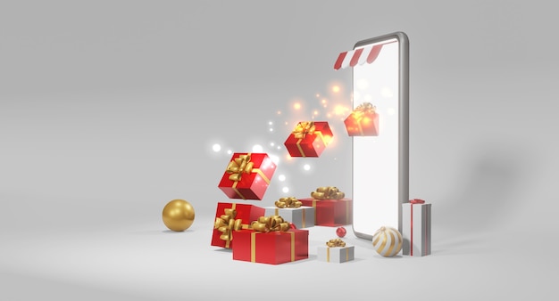 Smartphone con regalos. Concepto de regalo de Navidad, render 3d