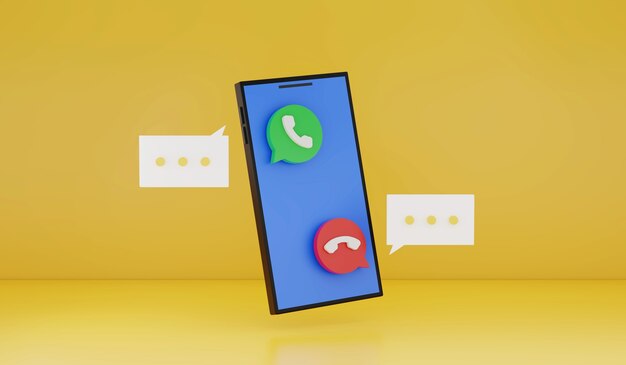 Smartphone de renderizado 3D con icono de llamada y llamada fondo amarillo tecnología de gadget inteligente