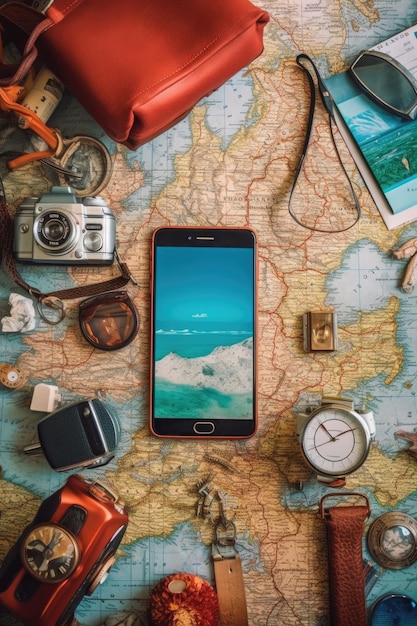 Foto smartphone rodeado de elementos esenciales de viaje creados con ia generativa