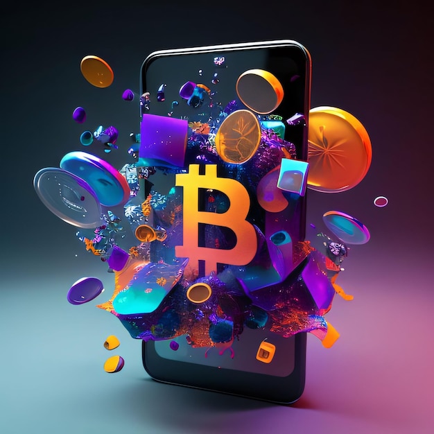 Smartphone con símbolo de bitcoin y salpicaduras coloridas en fondo oscuro ilustración 3D