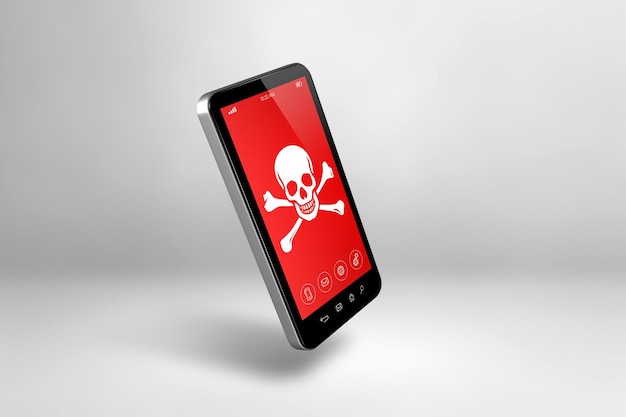 Foto smartphone con un símbolo de pirata en la pantalla hacking y concepto de virus ilustración 3d aislada en fondo blanco