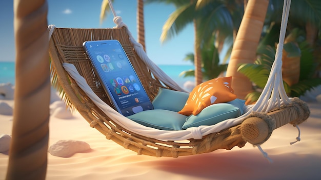 Smartphone sitzt in einer Hängematte neben dem Ozean Generative KI