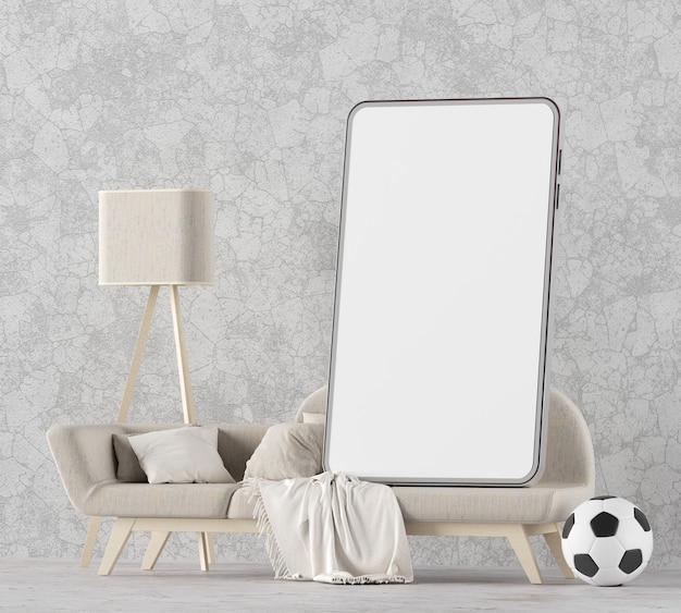 Smartphone con sofá blanco en la sala de estar