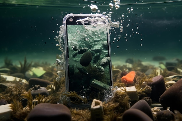 Foto smartphone submerso em água com bolhas e pedras