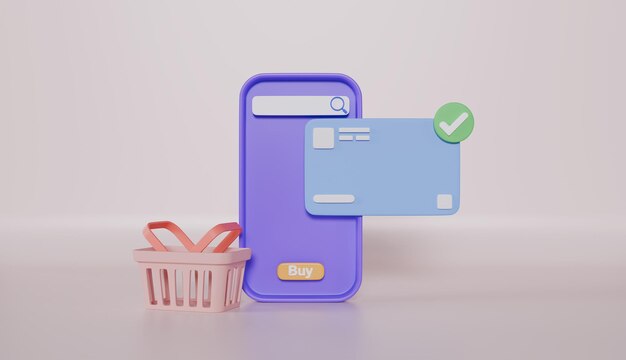 Smartphone con tarjeta de crédito y canasta de compras en línea concepto de pago sin efectivo