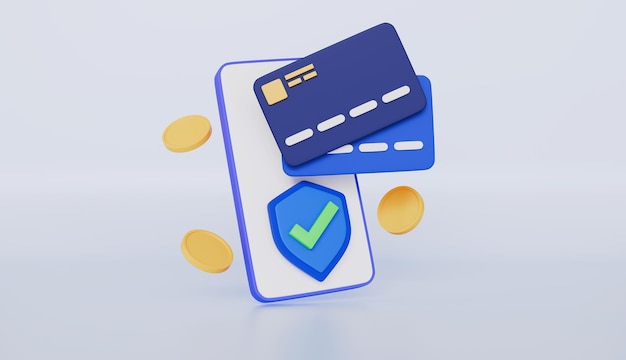 Smartphone con tarjeta de crédito y el icono de la marca de comprobación de pago móvil seguro y escudo de seguridad financiera