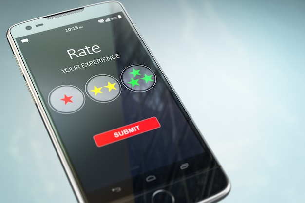 Smartphone con texto califica tu experiencia en la pantalla