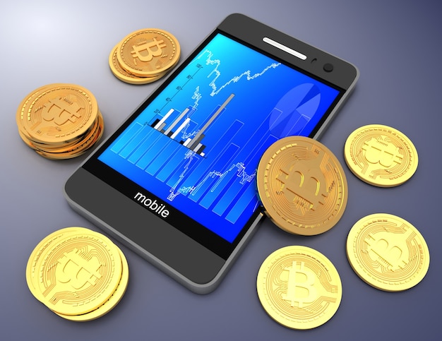 Smartphone und Bitcoins. 3D gerenderte Darstellung