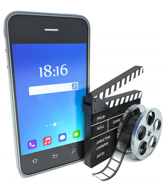 Smartphone und Kino klatschen und Filmrolle über weißem Hintergrund