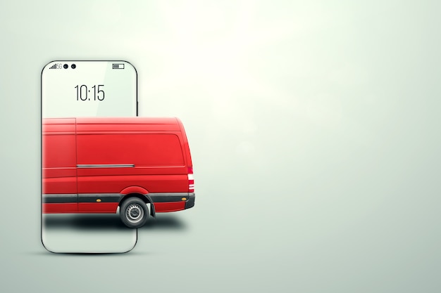Smartphone und roter Kleinbus auf hellem Hintergrund. Lieferkonzept, Online-Bestellung, Telefonantrag, Umzug. Lieferung mit dem Auto überall hin. 3D-Darstellung, 3D-Rendering