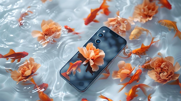 Smartphone unter Wasser unter Orangenblumen moderne Technologie trifft die Natur perfekt für technische Hintergründe surreale doch elegante Szene KI