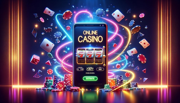 Smartphone zeigt Online-Casino mit Neonlichtern an