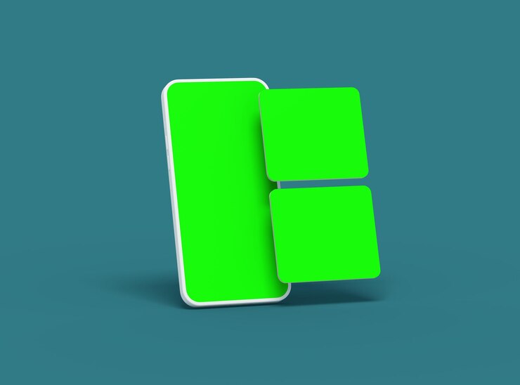 Foto smartphones blancos sin marca con pantallas verdes y ventanas emergentes separadas de renderización 3d