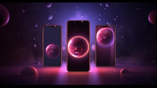 Smartphones com planetas em uma renderização 3d de fundo escuro