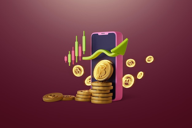 Smartphones e investimentos melhor retorno para obter ilustração de renderização 3D de moedas criptográficas